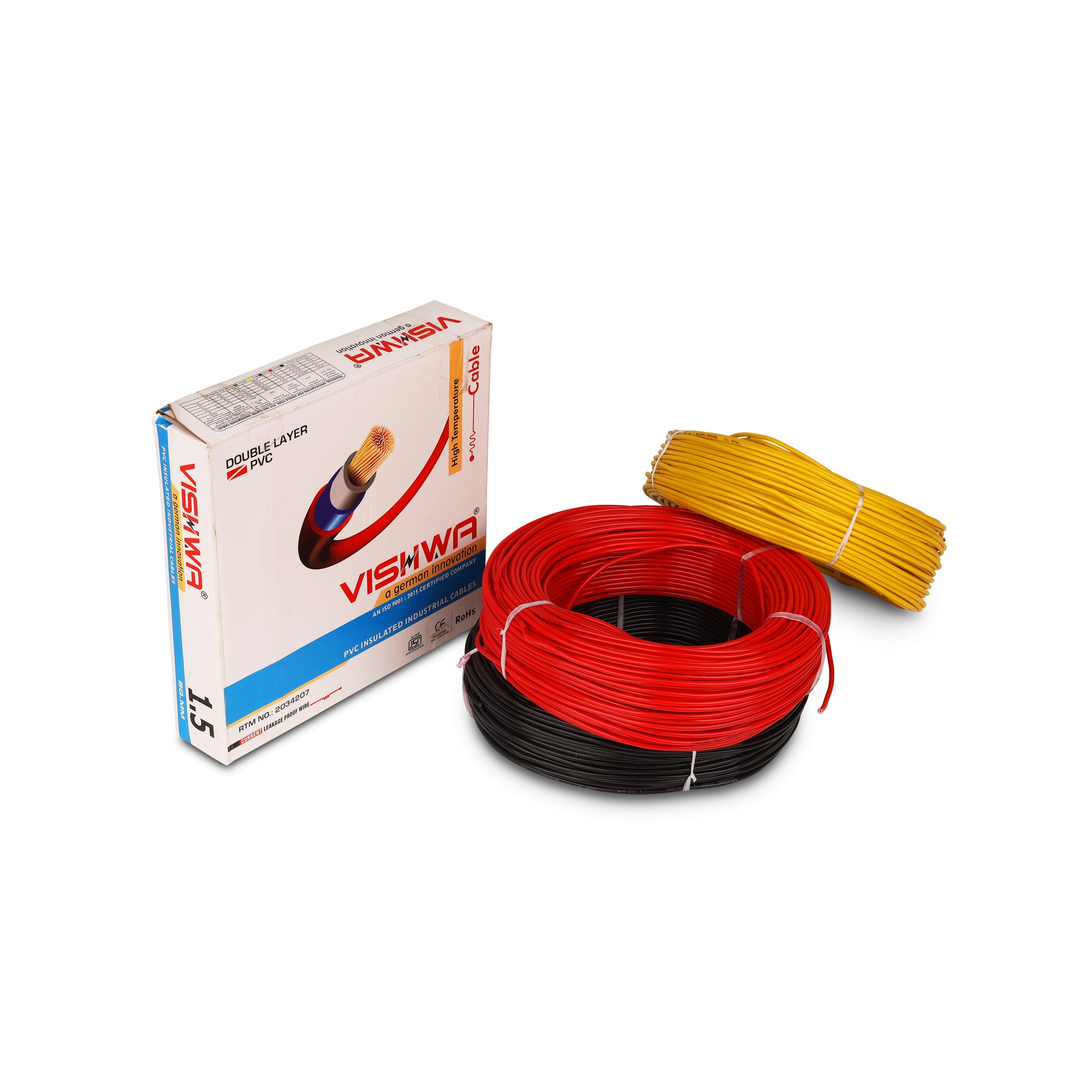 Vishwa Wire is a 91-meter multistrand copper fitting wire that is 100% pure copper, fire retardant, and available in a variety of sizes and colors.